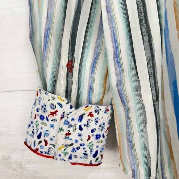 Robert Graham Mens Button Up Shirt XL Flip Cuff Striped Blue White Long Sleeves - Picture 8 of 15